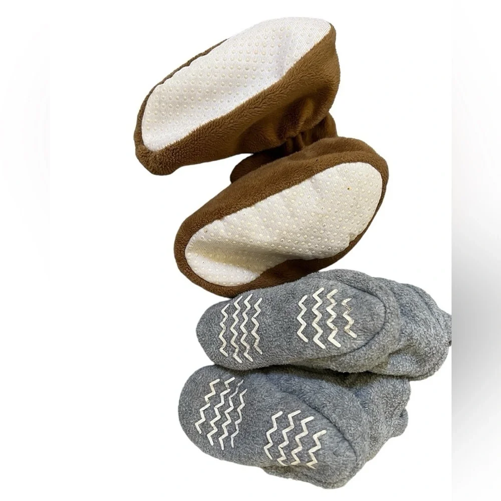 2 sets of baby footies grey and brown, soft fleece & velour, 6-12months booties